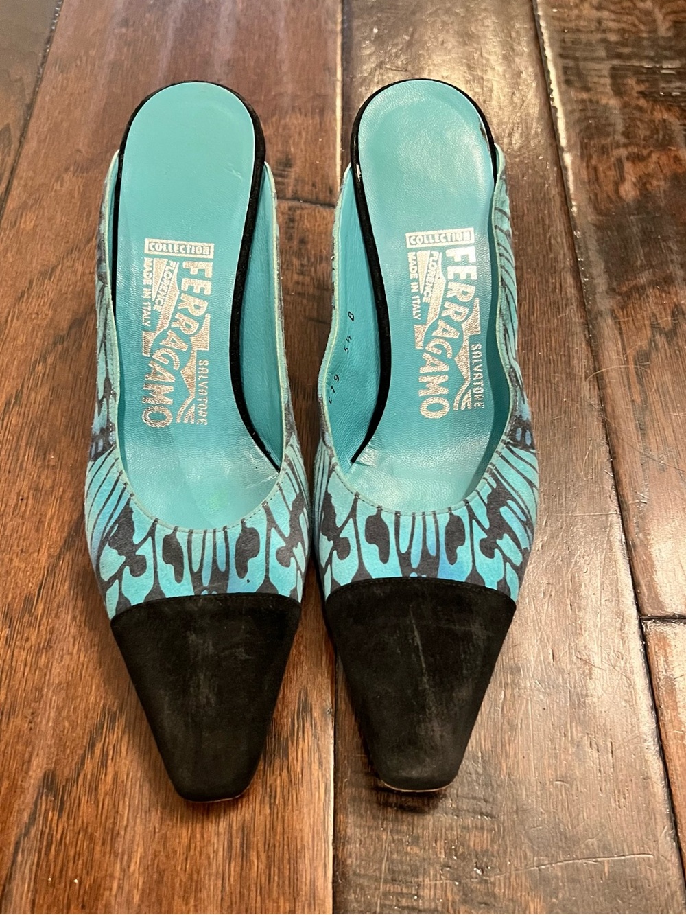 Salvatore Ferragamo Turquoise Patterned Mule with Black Toe Cap